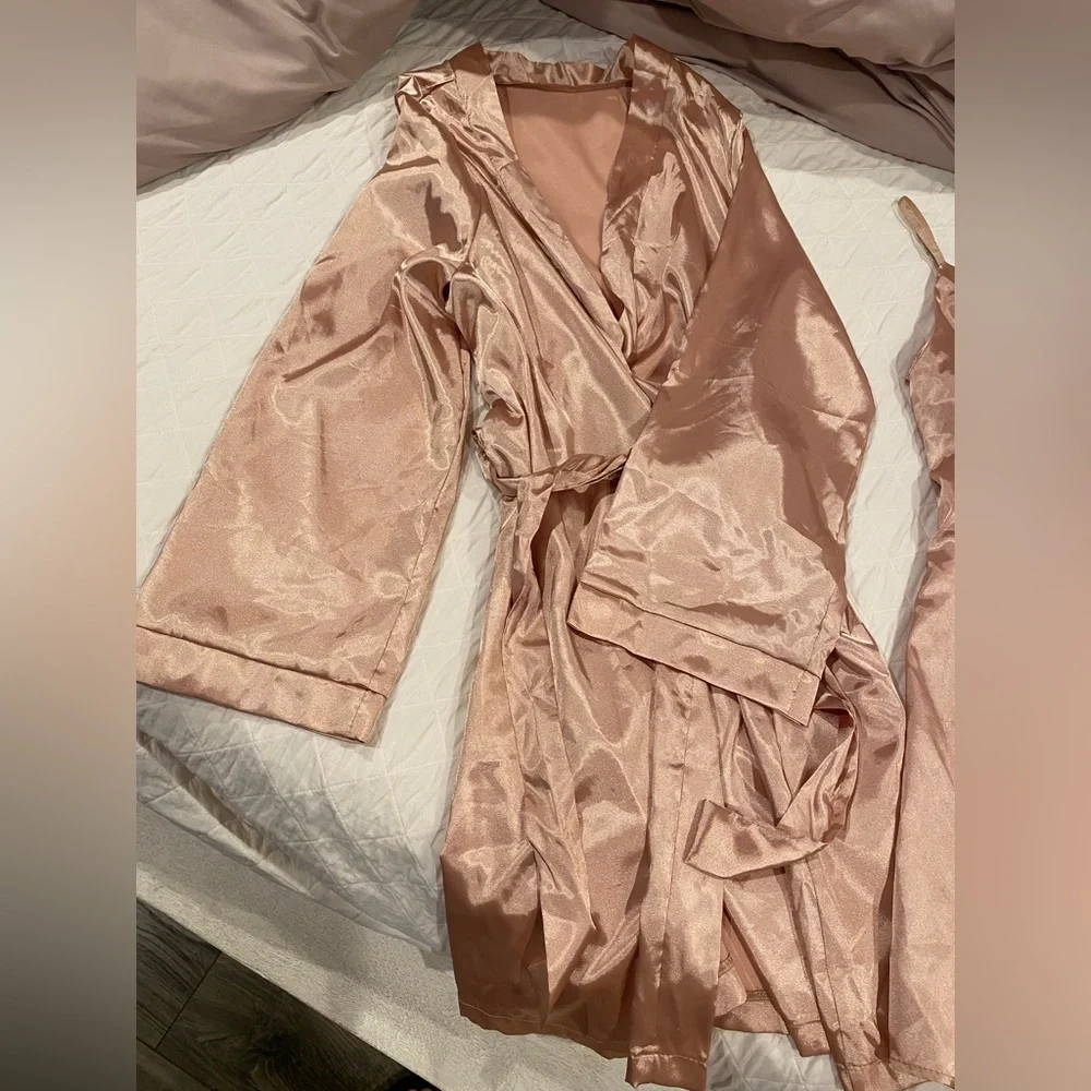 Wrap Tie Satin Robe & Matching Cowl Neck Short Gown/Dress - Desert Coral